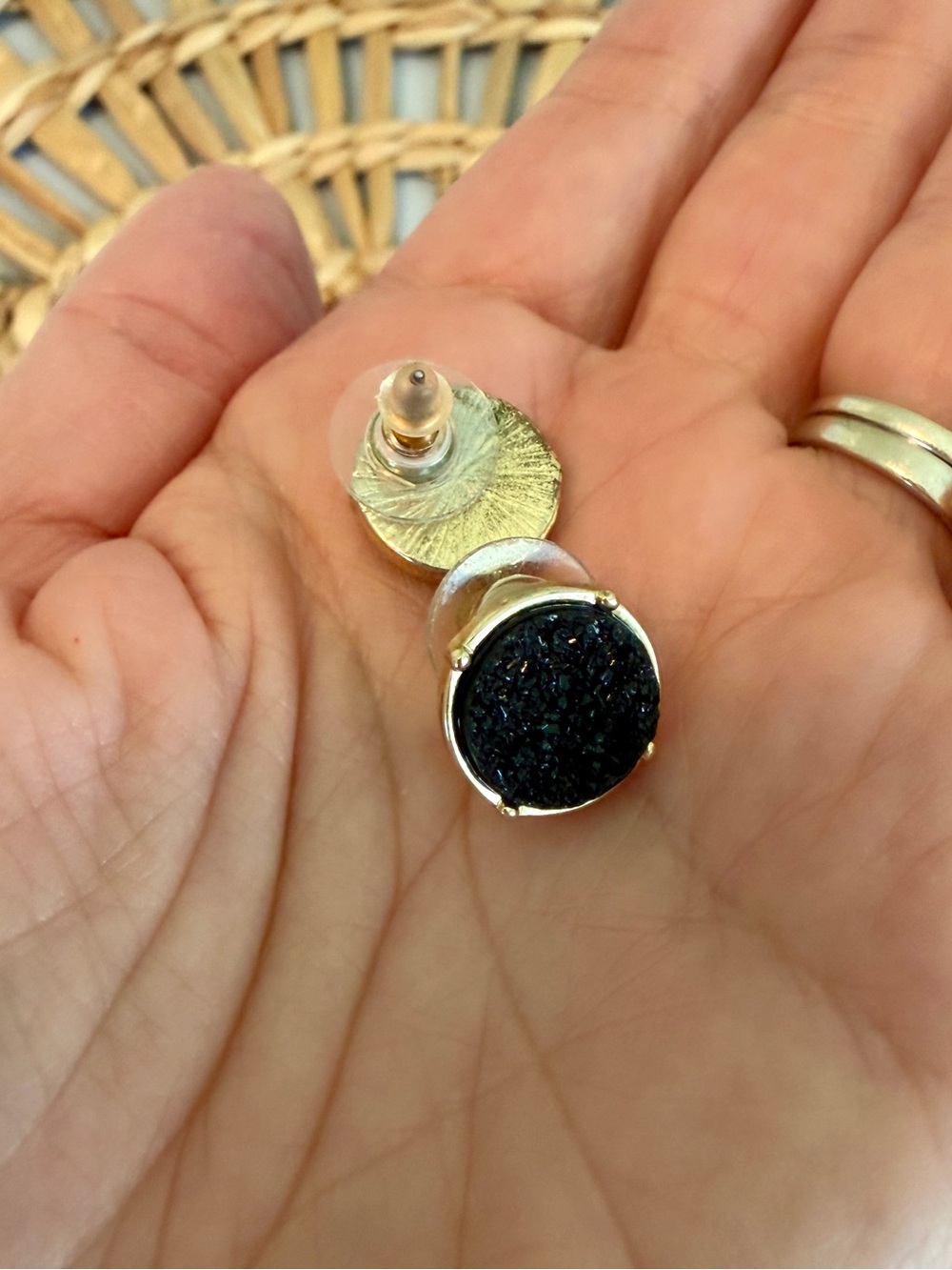 Gold-Trim Black Druzy Stud Earrings - Women Jewelry